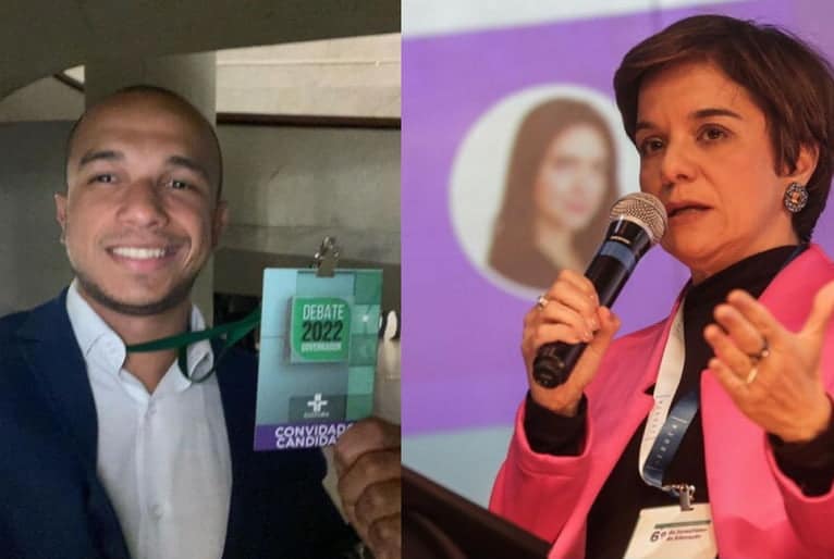 Em montagem com duas fotos reais, Douglas Garcia, deputado, mostra crachá do debate eleitoral enquanto sorri para a câmera. À direita, Vera Magalhães fala enquanto segura o micfrone e gesticula com a outra mão.